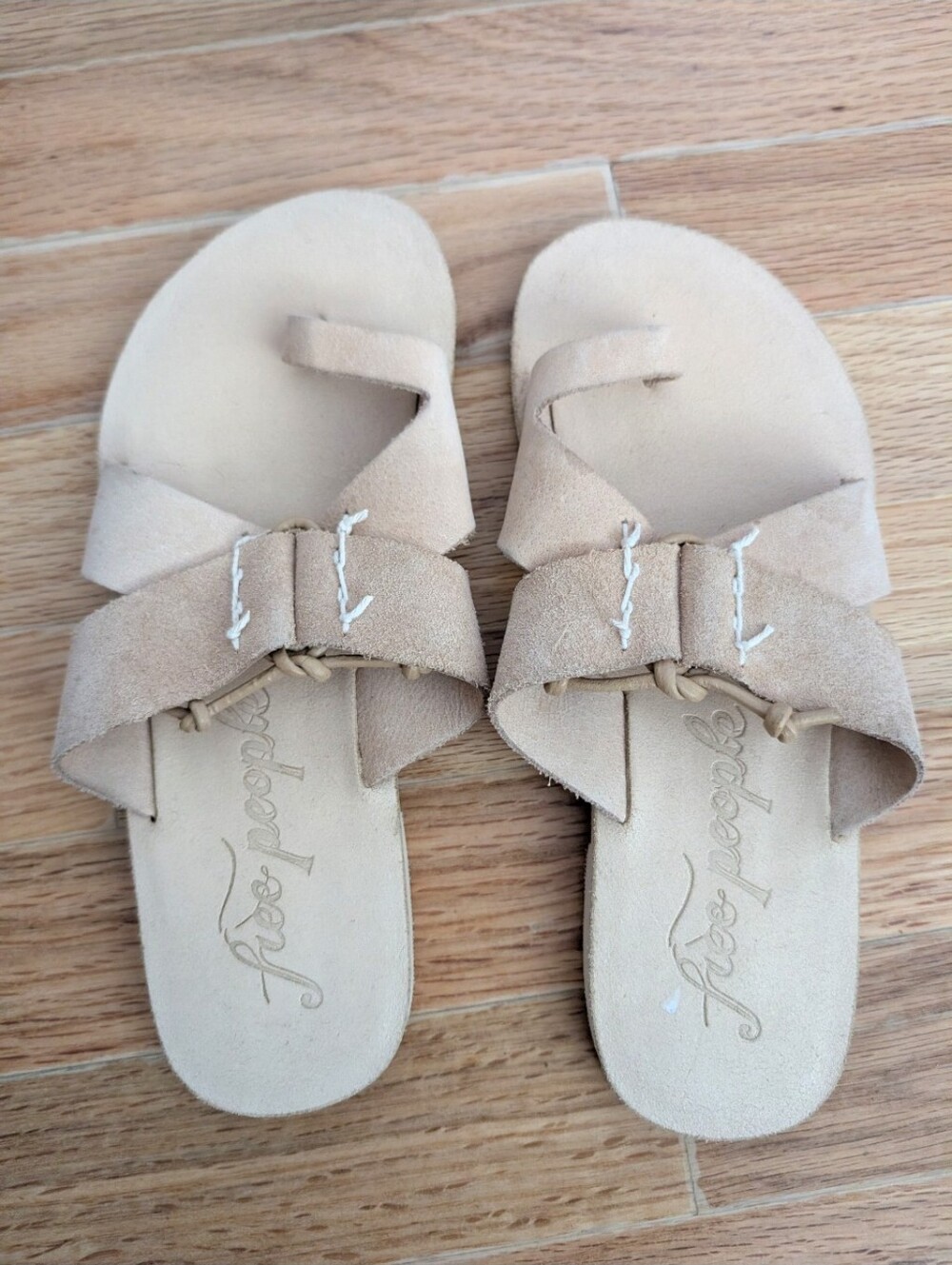 Free People Suede Crisscross Toe-Ring Sandals in Beige